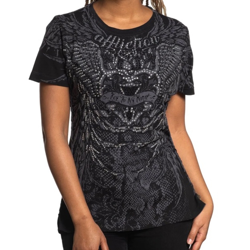 AFFLICTION WOMENS OLIVIA PEARL SHORT SLEEVE TEE CHARCOAL WASH